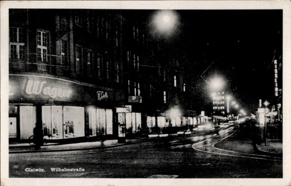 Gliwice Gleiwitz Oberschlesien, Wilhelmstra&szlig;e, Handlung Wagner, Nachtansicht, Kissling