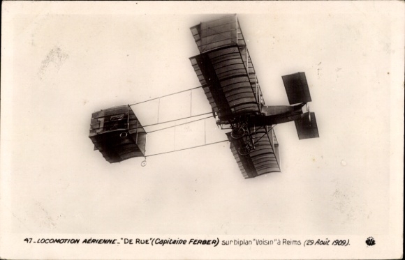 Aviation, Aerial Locomotion, De Rue, Kapit&auml;n Ferber auf dem Voisin-Doppeldecker in Reims, 1909