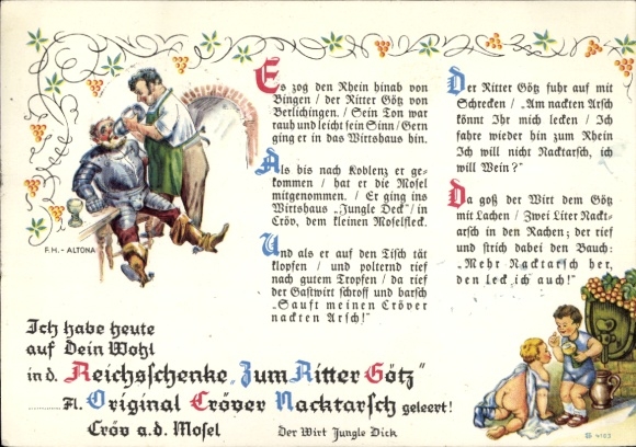 Gedicht Ak Kr&ouml;v Rheinland, Reichsschenke zum Ritter G&ouml;tz, Cr&ouml;ver Nacktarsch, Wirt Jungle Dick