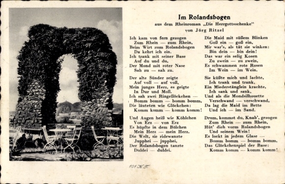 Rolandseck Remagen am Rhein, Terrasse am Rolandsbogen, Romanauszug Im Rolandsbogen