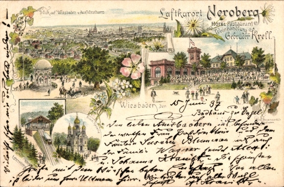 Wiesbaden, Aussicht vom Neroberg, Hotel Restaurant der Gebr&uuml;der Krell, Zahnradbahn, Kapelle