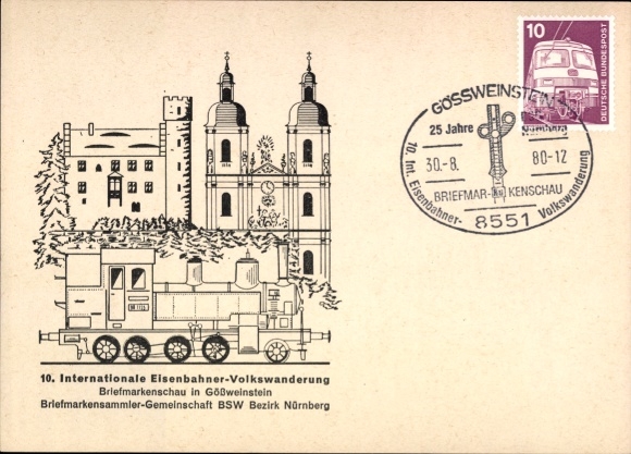 Sonderkarte G&ouml;&szlig;weinstein in Oberfranken, 10. Eisenbahner-Volkswanderung, Briefmarkenschau