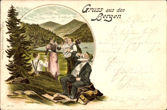 Gru&szlig; aus den Bergen, Bergsteiger machen Rast an einem See